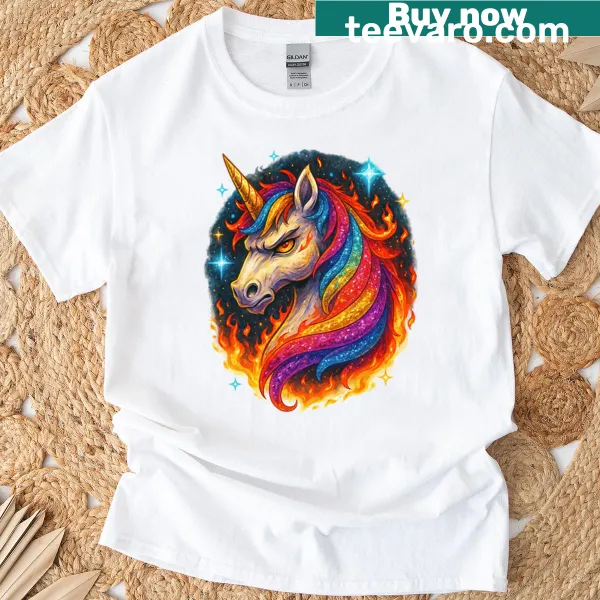 Whimsical unicorn T-shirt featuring fiery rainbow art