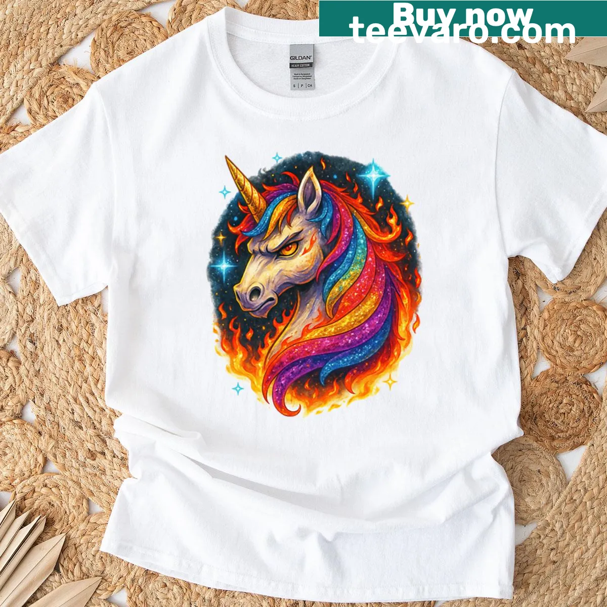 Whimsical unicorn T-shirt featuring fiery rainbow art — on a men's t-shirt