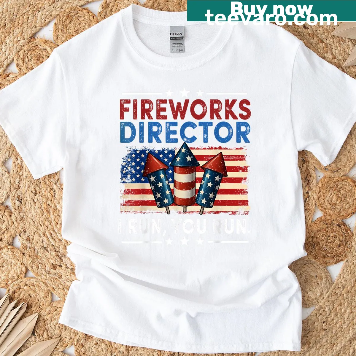 Funny 4th of July t-shirt with fireworks director theme — on a men's t-shirt