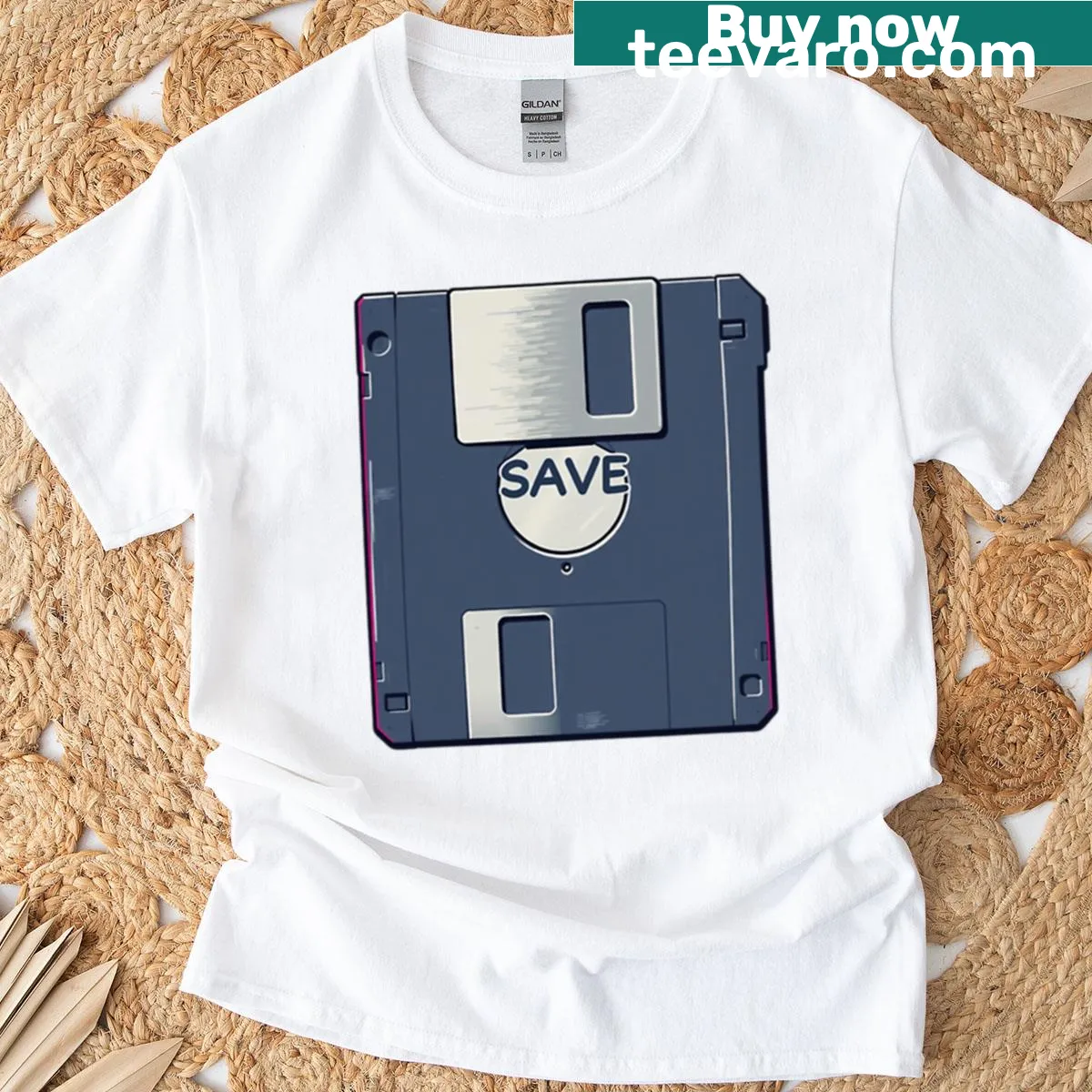 Vintage floppy disk graphic on distressed t-shirt — on a men's t-shirt