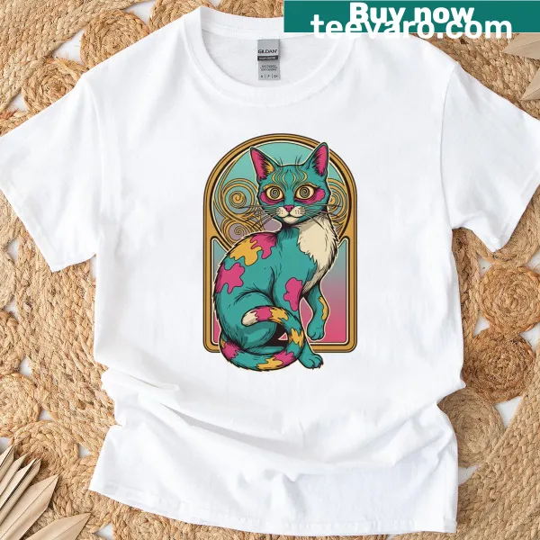 Art Nouveau inspired cat illustration T-shirt