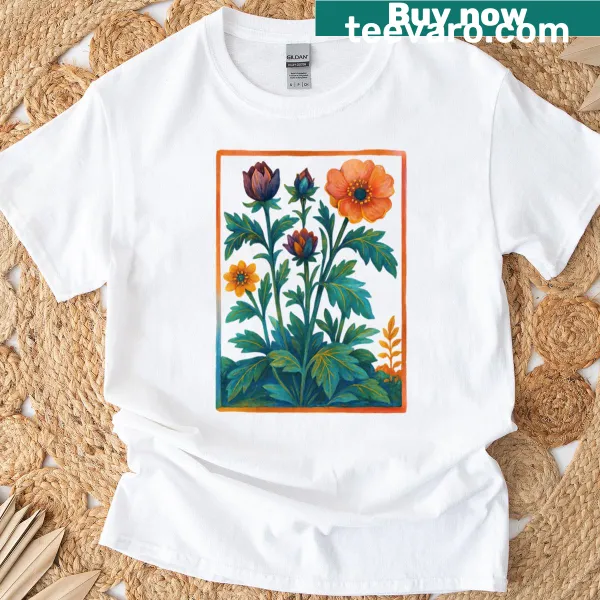 Vintage-style t-shirt with intricate floral panel design celebrating nature