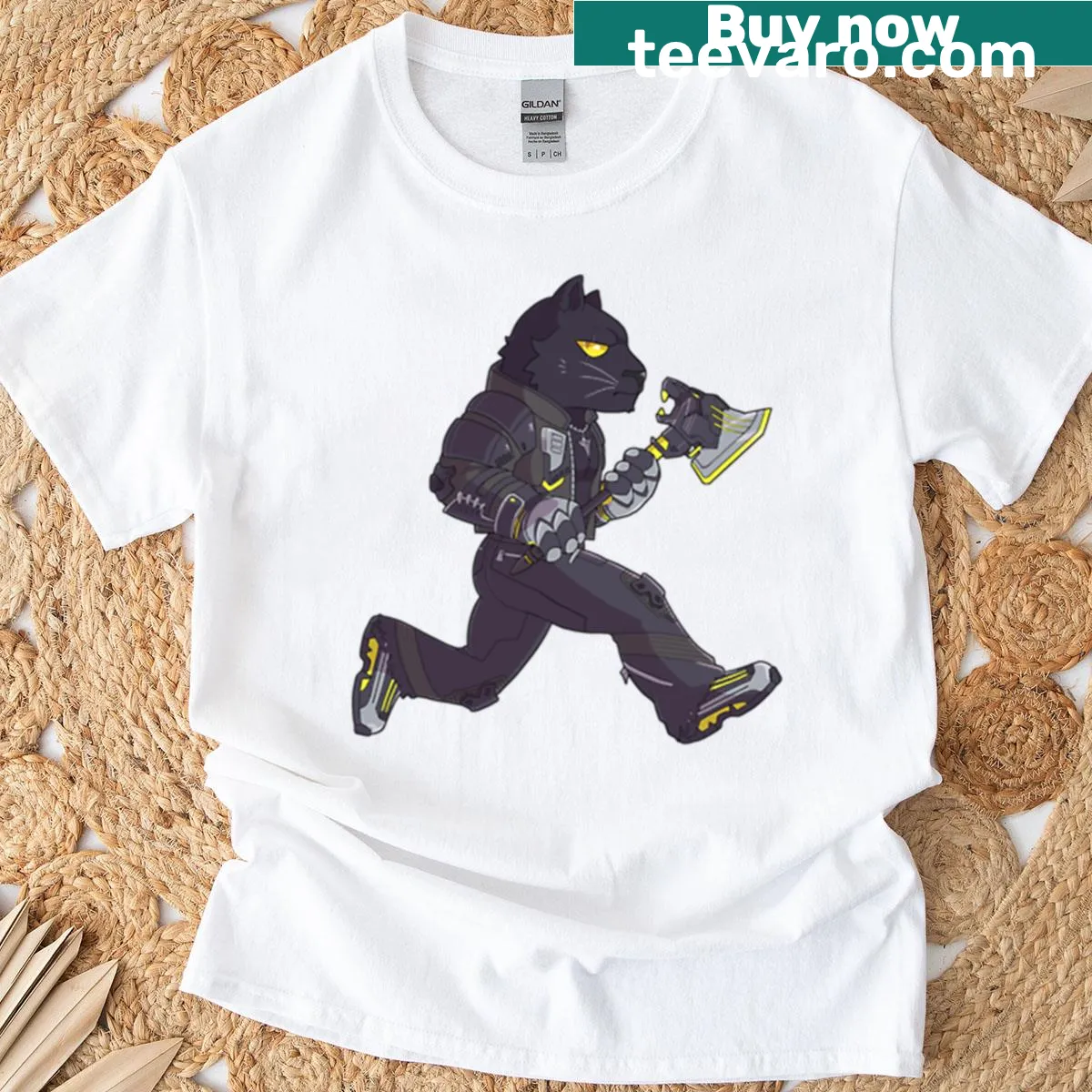 Cartoon panther gaming-themed T-shirt — on a men's t-shirt