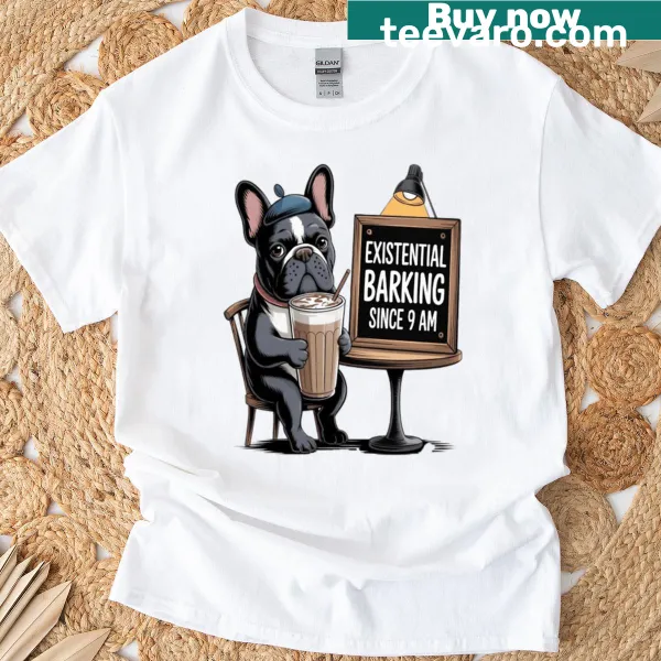 Funny illustration of a French Bulldog in a cafe setting on a T-shirt.