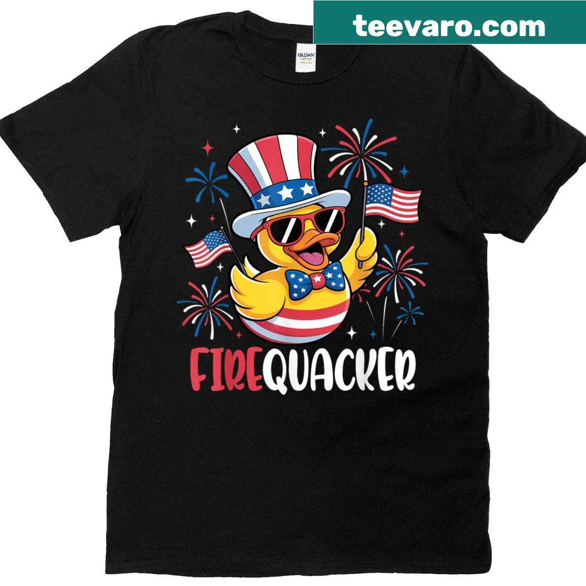 Cartoon duck graphic for Fourth of July T-shirt — on a men's t-shirt