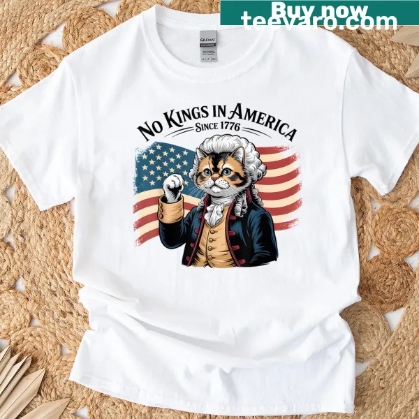 American flag t-shirt with humorous cat and text about no kings
