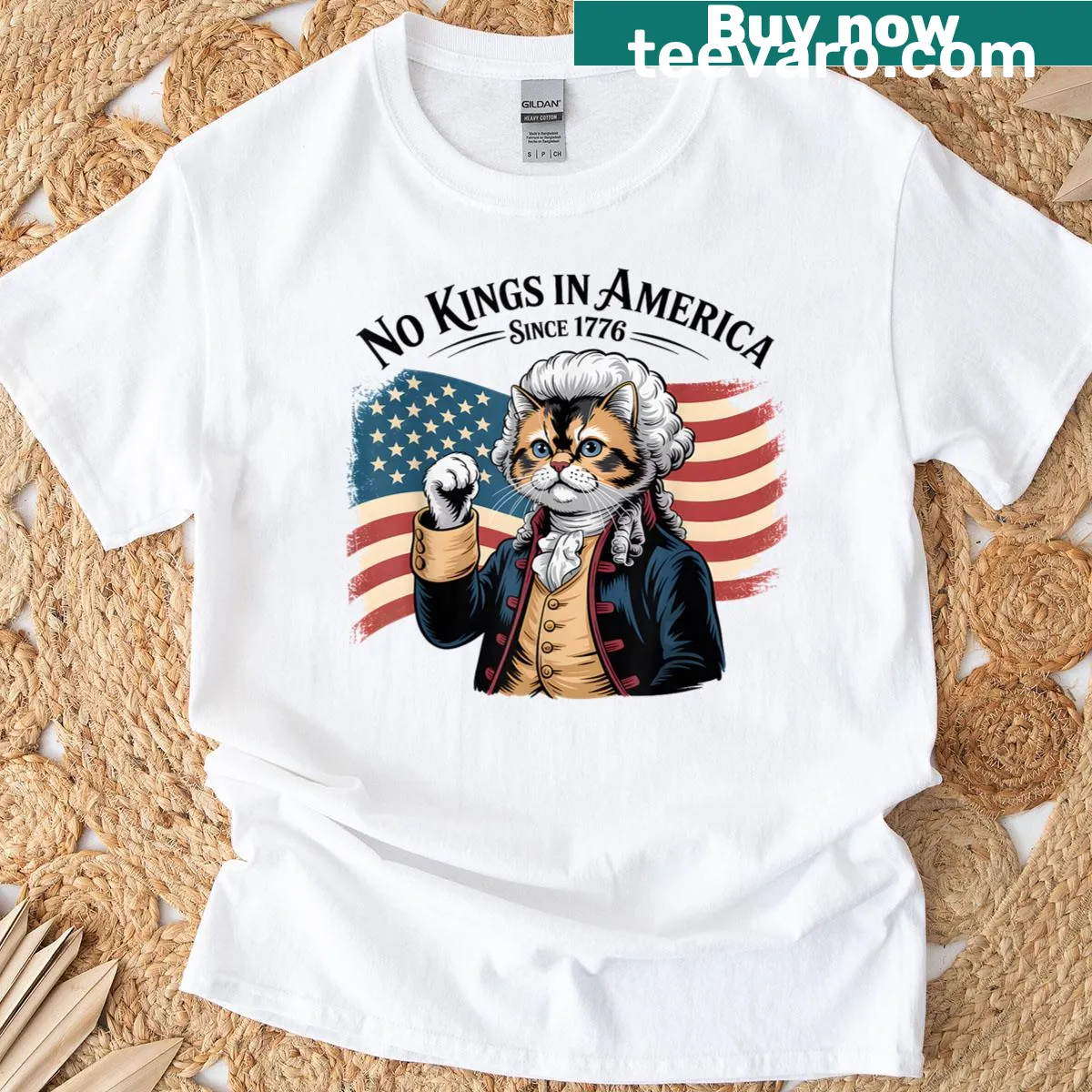 American flag t-shirt with humorous cat and text about no kings — on a men's t-shirt