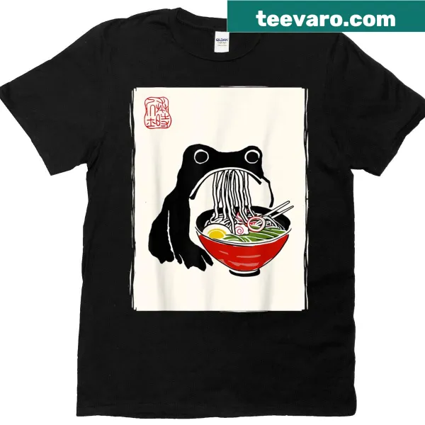 Kawaii T-shirt with grumpy frog illustration and ramen bowl