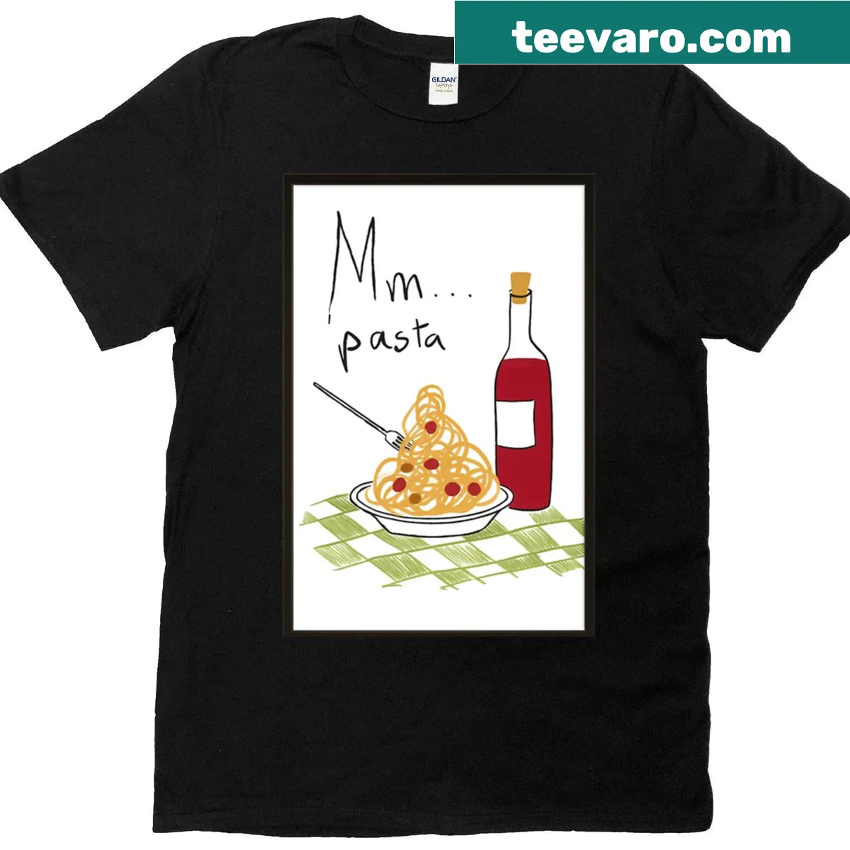 Whimsical pasta and wine illustration on a T-shirt — on a men's t-shirt