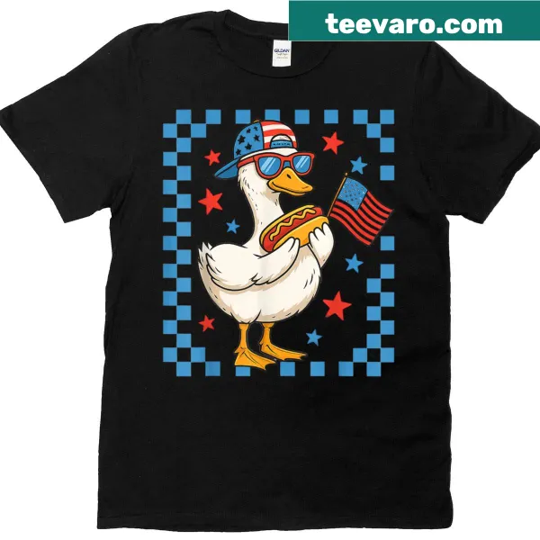 Cartoon patriotic duck with hot dog and USA flag on a T-shirt
