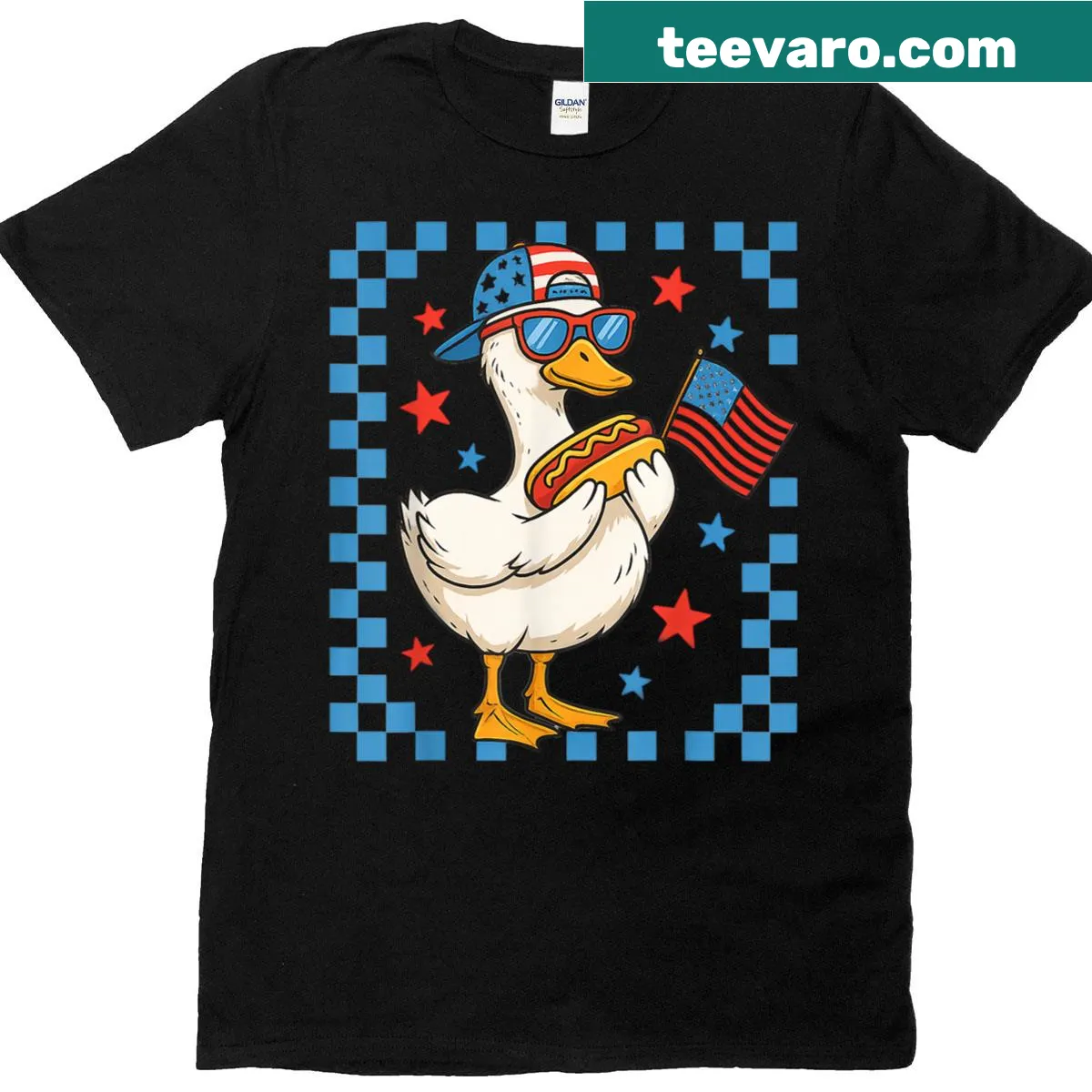 Cartoon patriotic duck with hot dog and USA flag on a T-shirt — on a men's t-shirt