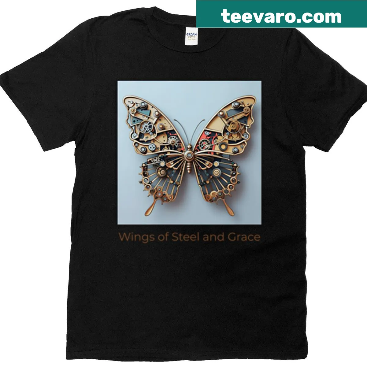 Wings design blending nature and machine on a T-shirt — on a men's t-shirt