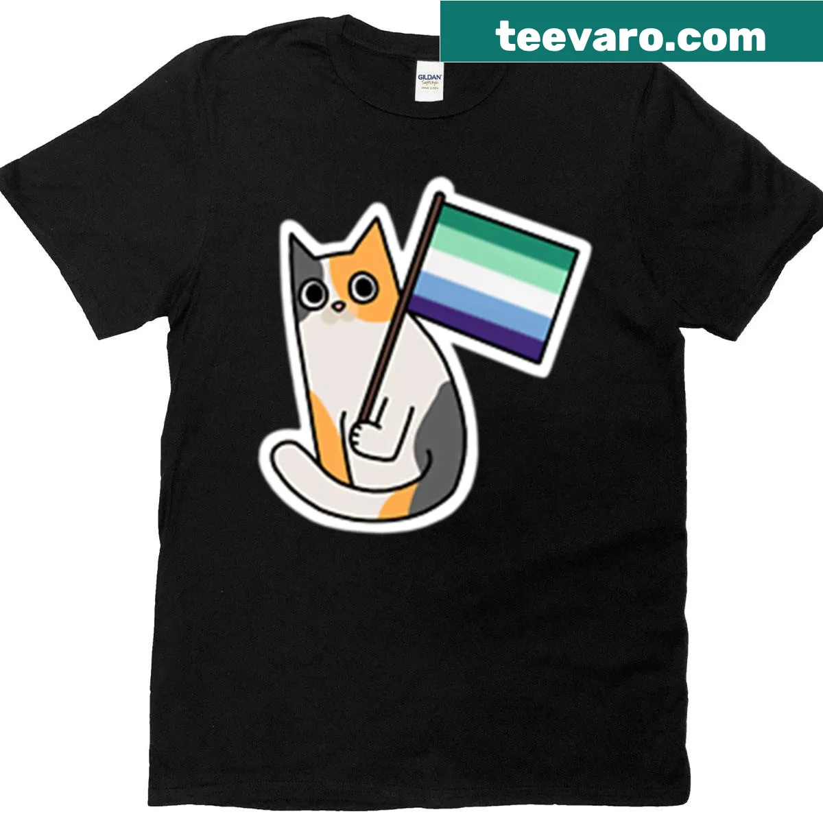 Calico cat illustration with Gay Pride flag — on a men's t-shirt