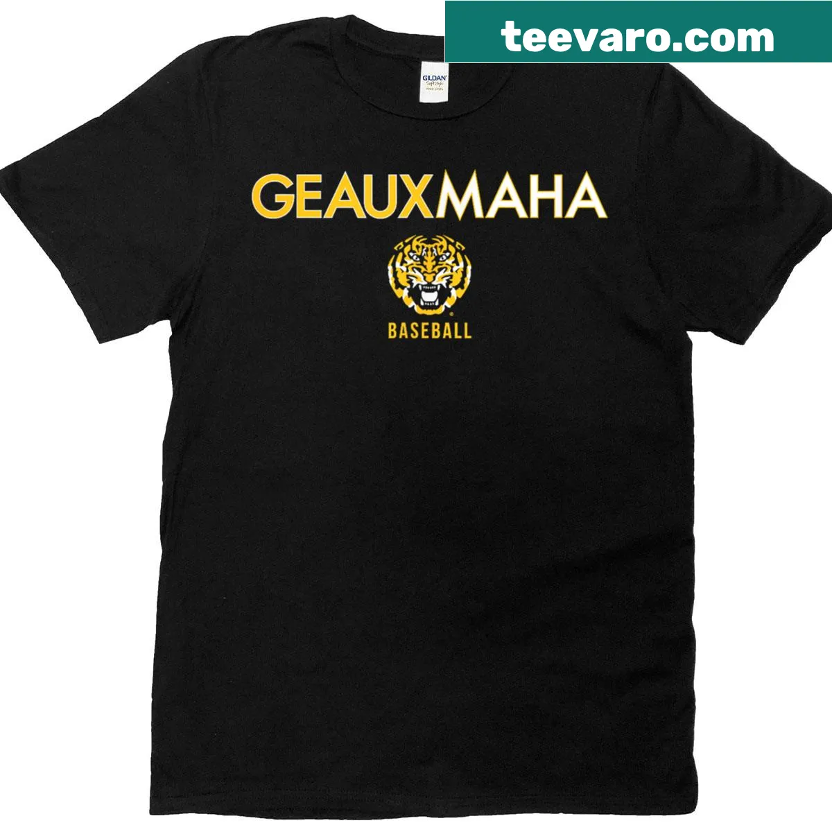 Geauxmaha LSU Tigers baseball t-shirt with team design — on a men's t-shirt