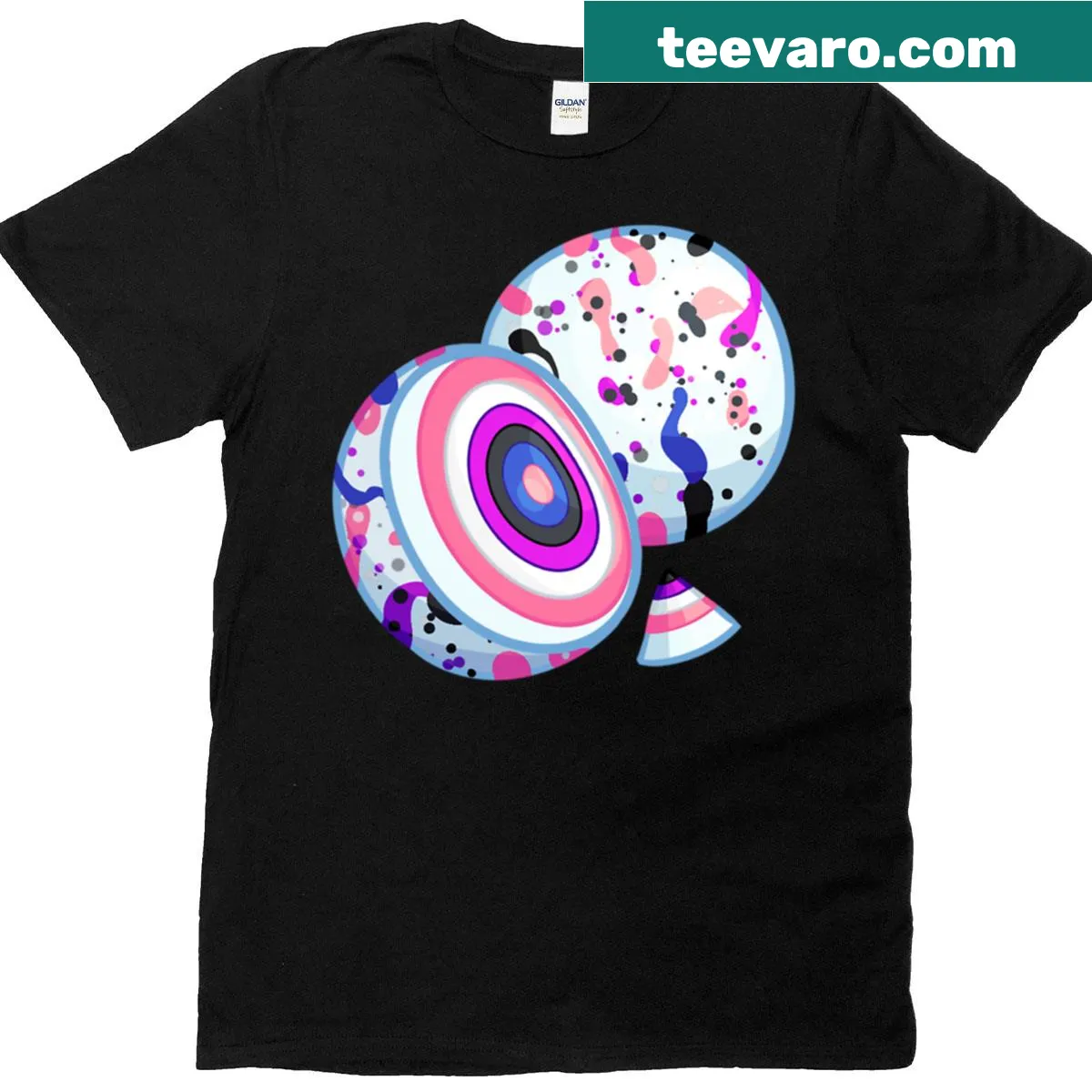 Colorful jawbreaker graphic with the word Genderfluid in playful font — on a men's t-shirt