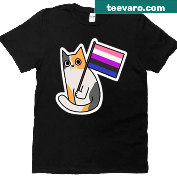 Calico cat with genderfluid pride flag illustration on t-shirt