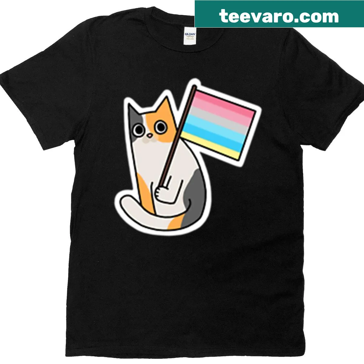 Calico cat with genderflux pride flag illustration on t-shirt — on a men's t-shirt