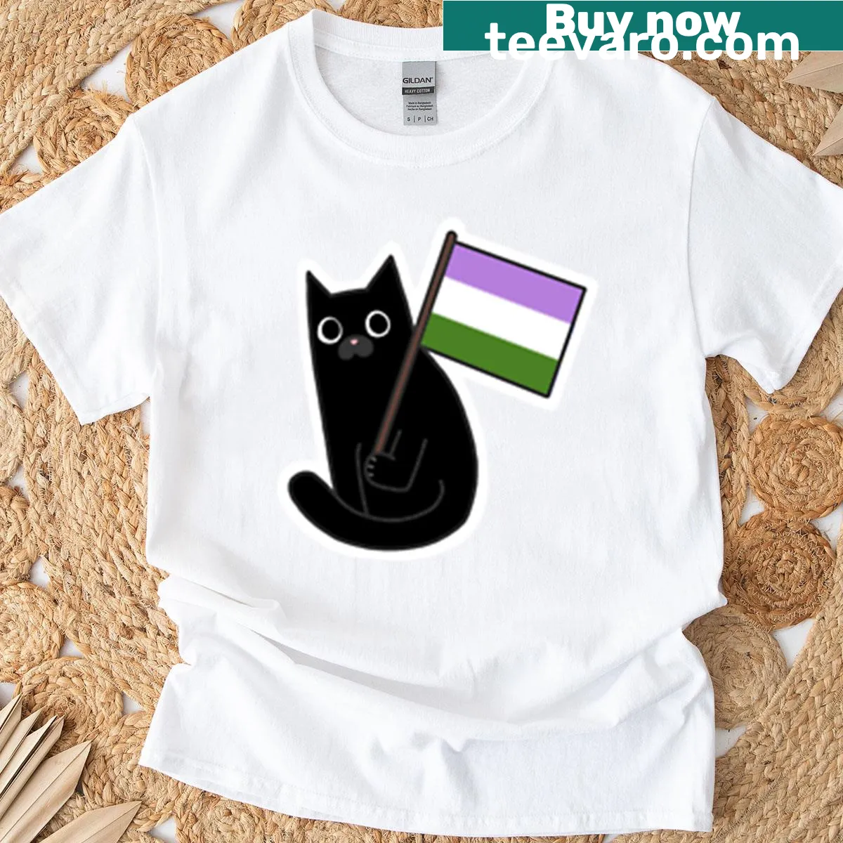 T-shirt featuring a black cat illustration with the genderqueer pride flag — on a men's t-shirt