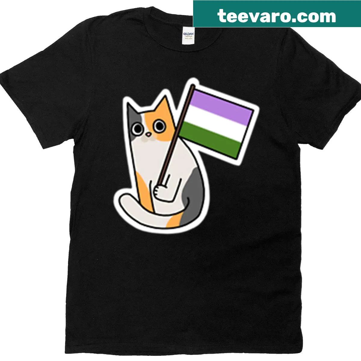 Calico cat with Genderqueer Pride flag illustration — on a men's t-shirt