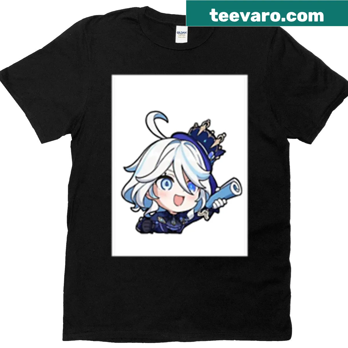 Illustration of Furina from Genshin Impact in an excited pose — on a men's t-shirt