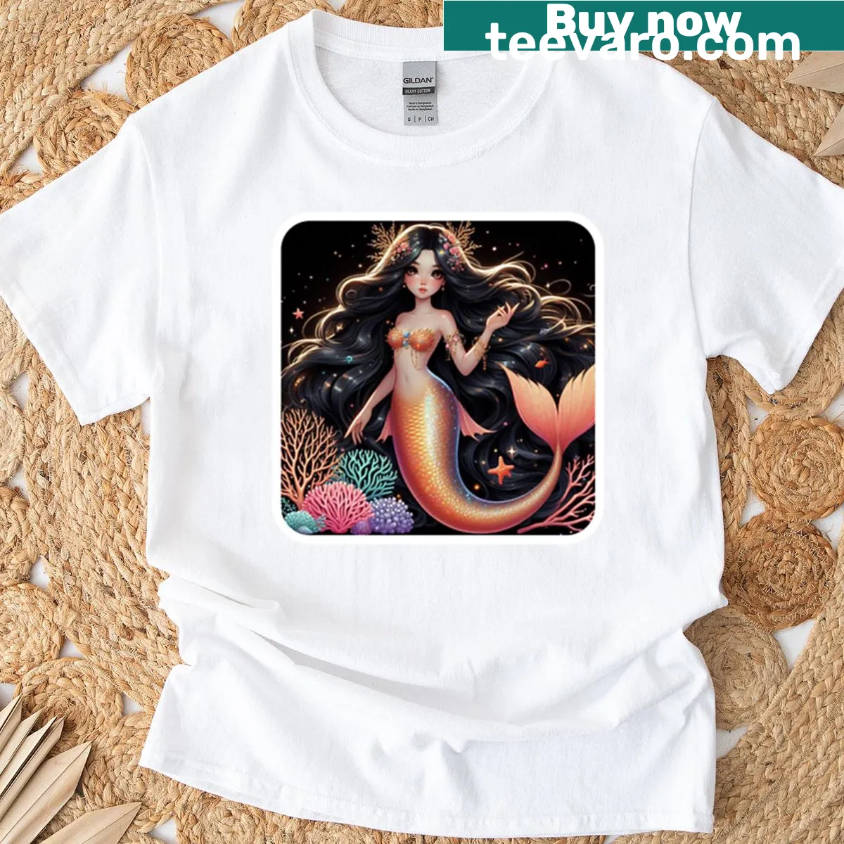 T-shirt with whimsical gold mermaid illustration — on a men's t-shirt