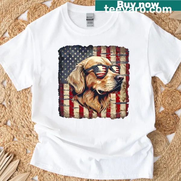 Patriotic t-shirt featuring a golden retriever design for the Fourth of July