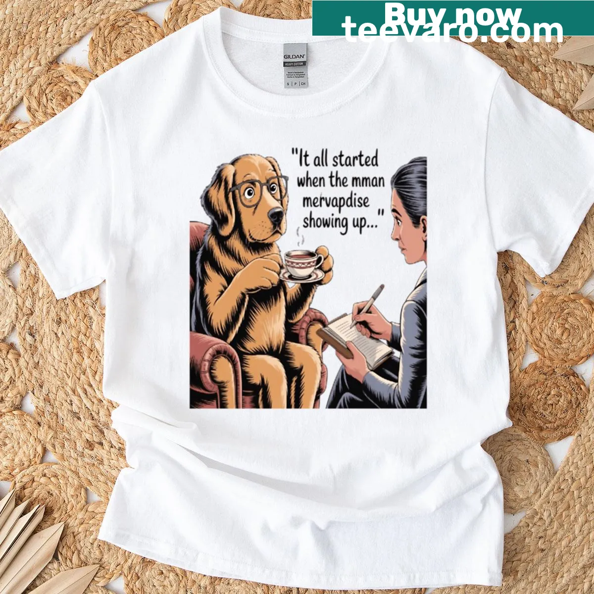 Cartoon design of a golden retriever in a therapy session — on a men's t-shirt