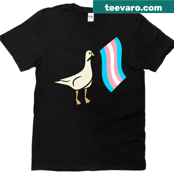Illustrated goose holding a transgender pride flag on a T-shirt