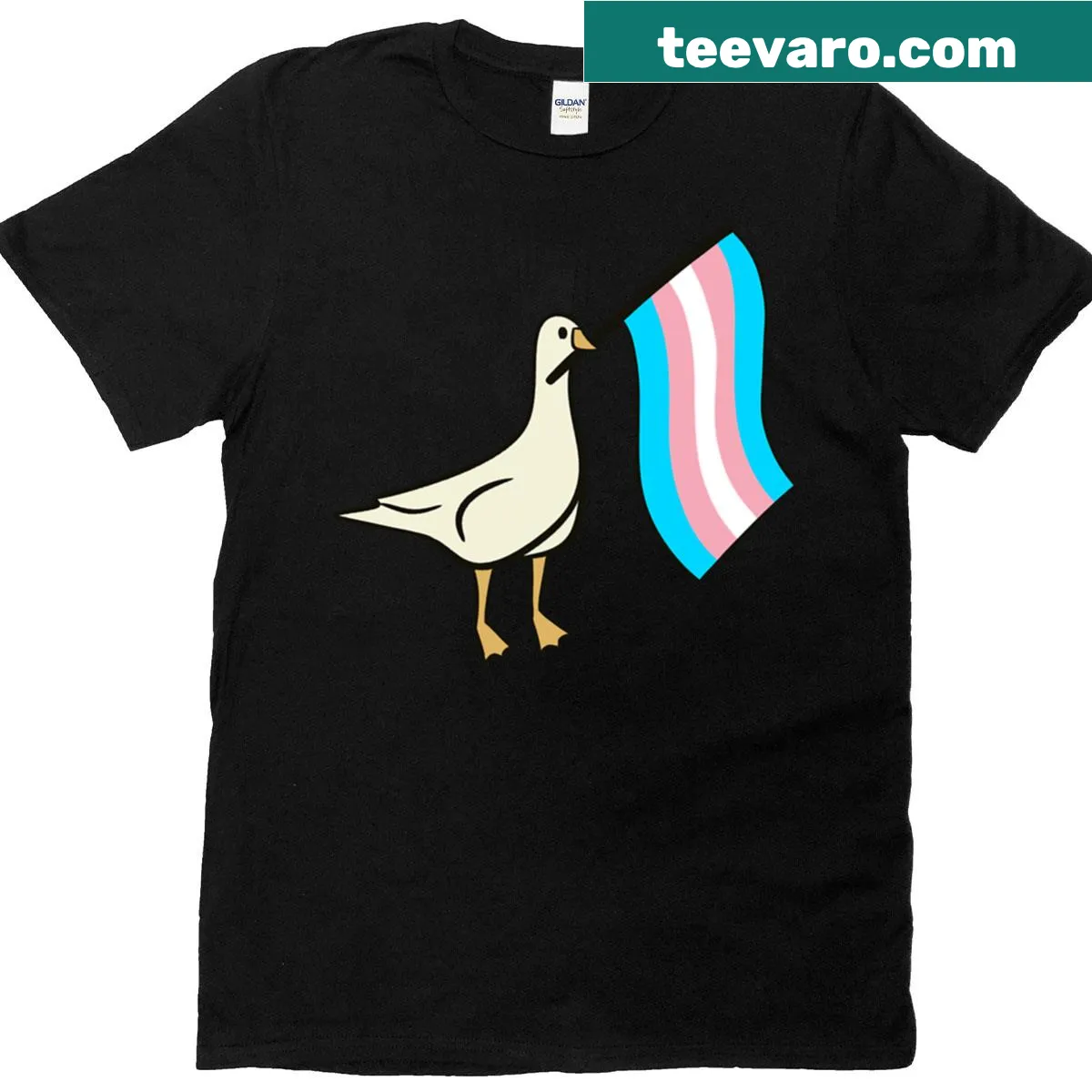Illustrated goose holding a transgender pride flag on a T-shirt — on a men's t-shirt