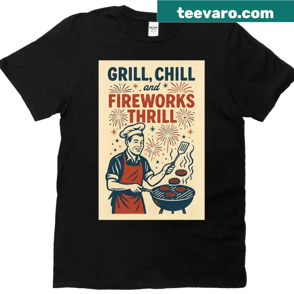 Vintage-style Fourth of July T-shirt with BBQ and fireworks theme