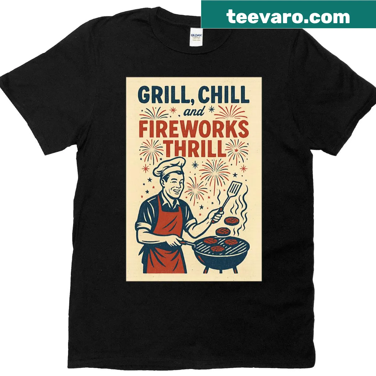 Vintage-style Fourth of July T-shirt with BBQ and fireworks theme — on a men's t-shirt
