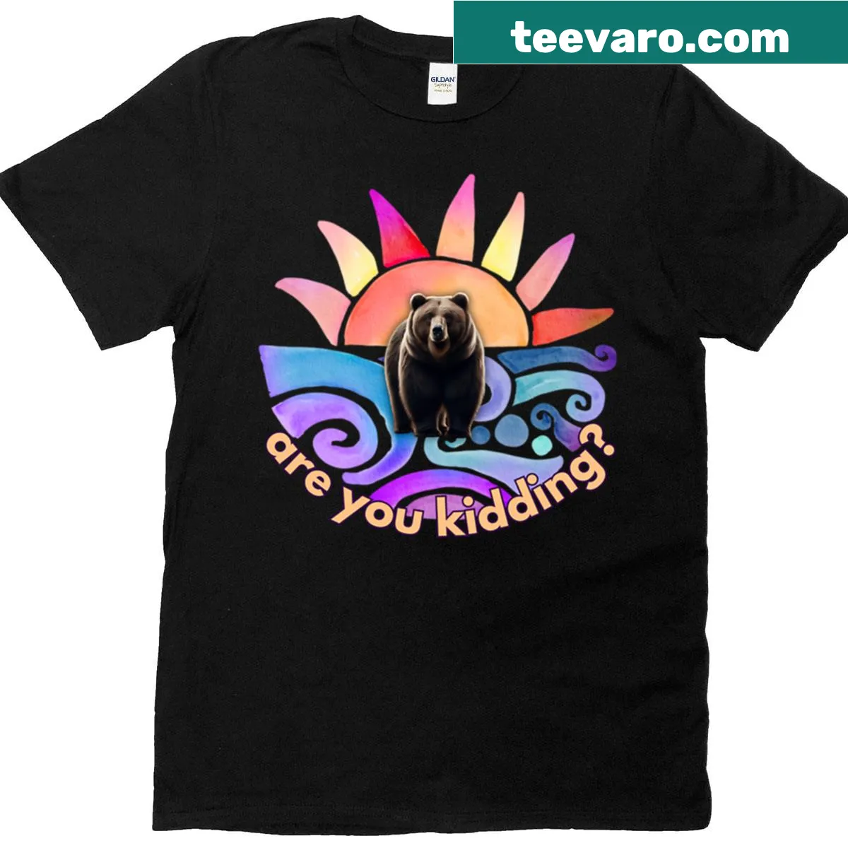 Grizzly bear silhouette against a sunset illustration — on a men's t-shirt
