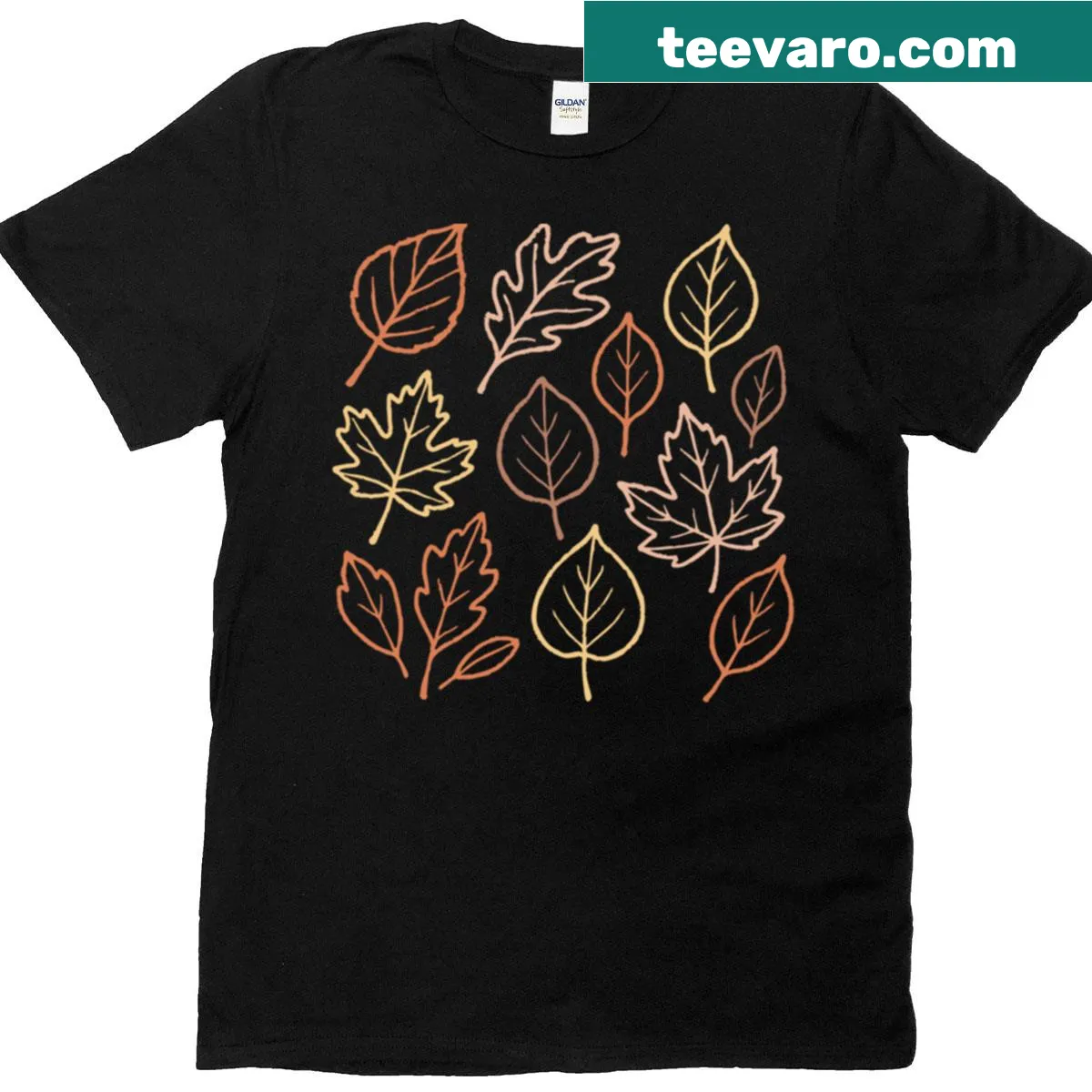 Minimalist hand-drawn autumn leaves graphic on a t-shirt — on a men's t-shirt