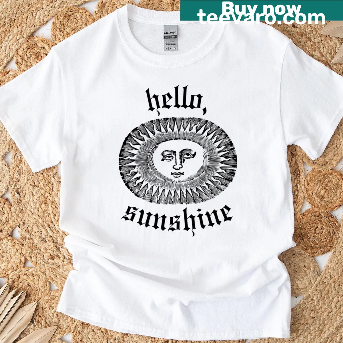Gothic-themed T-shirt with a medieval graphic and sunshine elements. — on a men's t-shirt