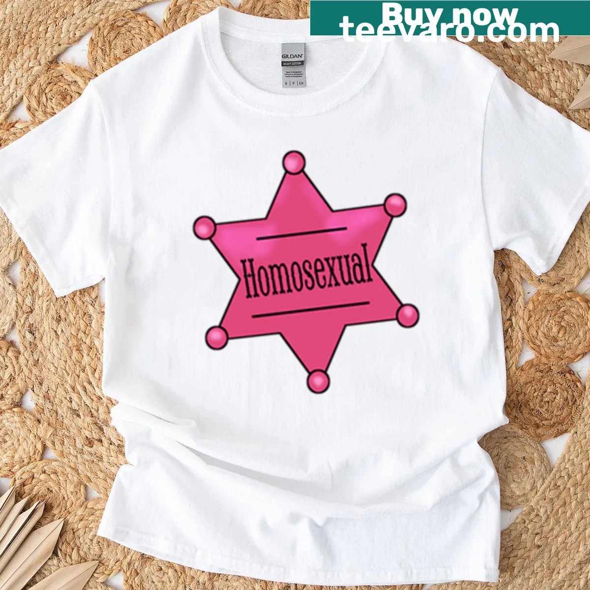 Illustration of a sheriff's badge with rainbow colors and text 'Homosexual Sheriff' — on a men's t-shirt