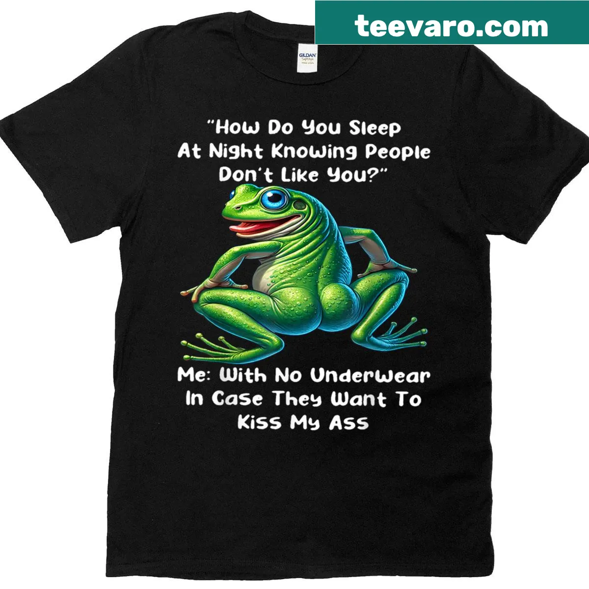Frog graphic shirt with text 'How Do You Sleep At Night Knowing People Dont Like You' — on a men's t-shirt