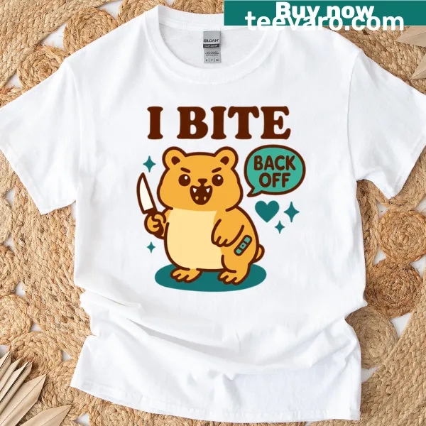 Cartoon hamster graphic with the text 'I Bite' on a T-shirt