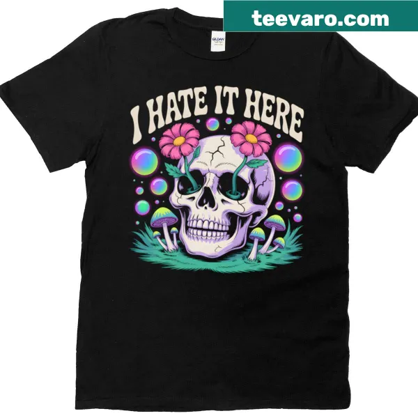 Psychedelic skull illustration surrounded by a garden of flowers