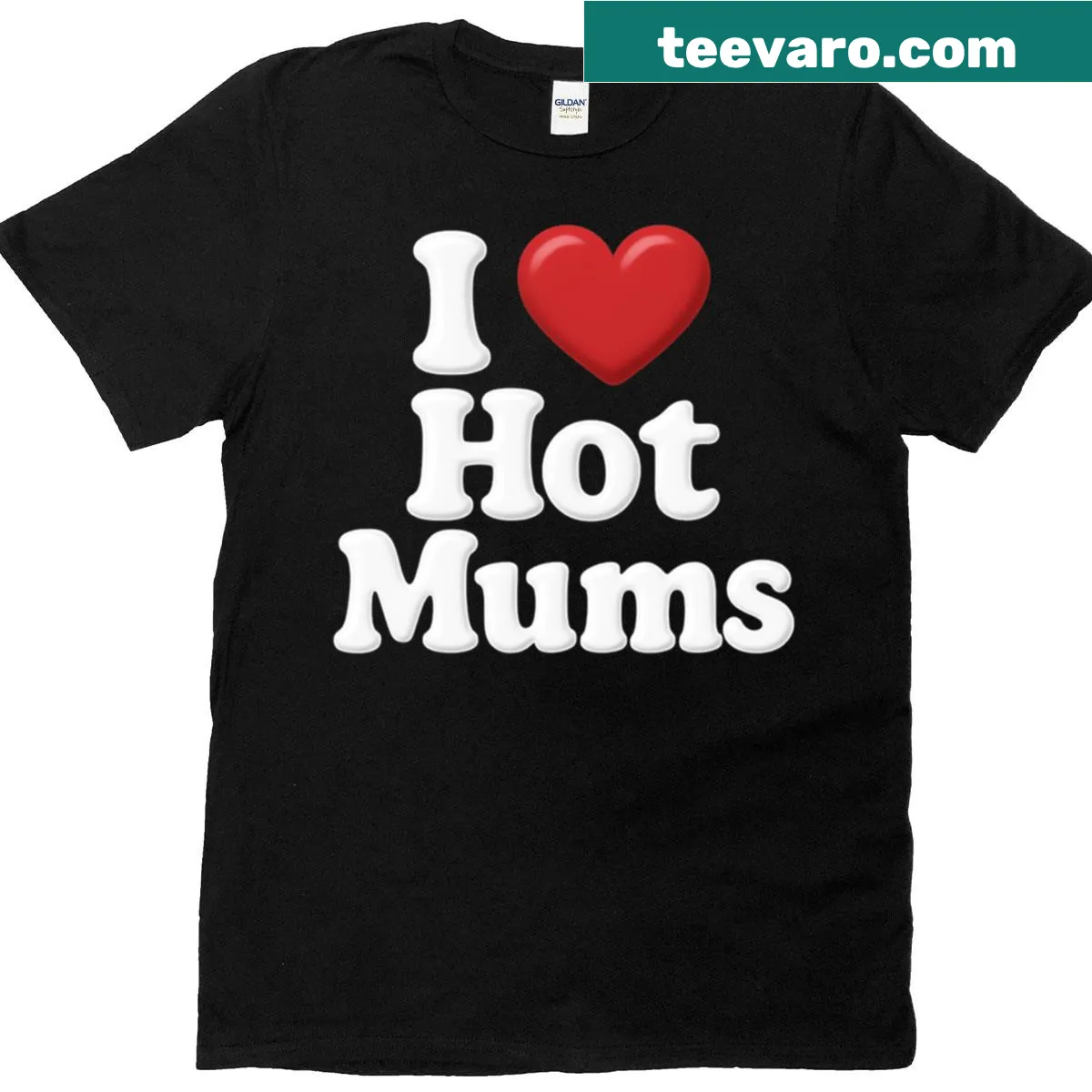 Funny bubble text design saying I Love Hot Mums with a red heart — on a men's t-shirt
