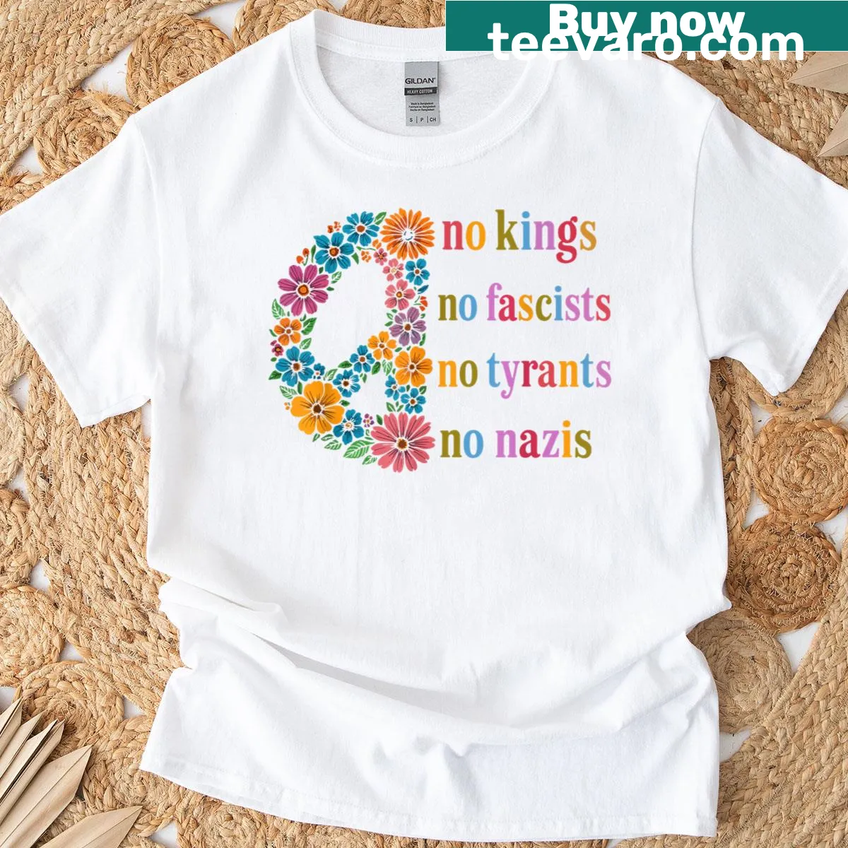 Floral graphic T-shirt promoting peace with illustrated text — on a men's t-shirt