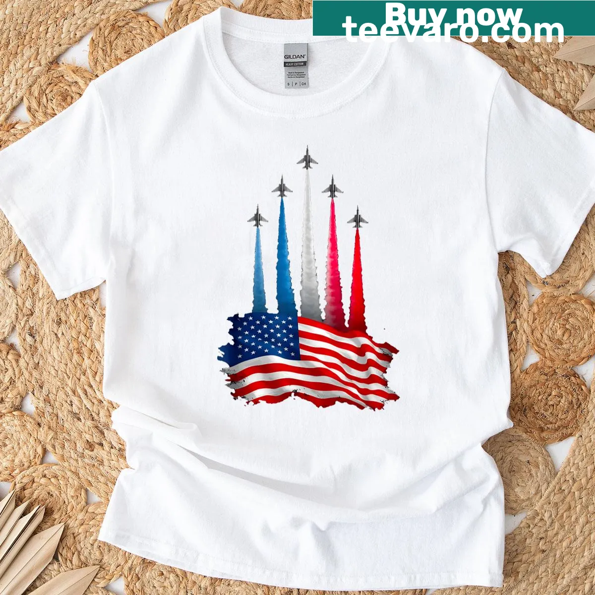 Patriotic t-shirt featuring jet planes and American flag design — on a men's t-shirt