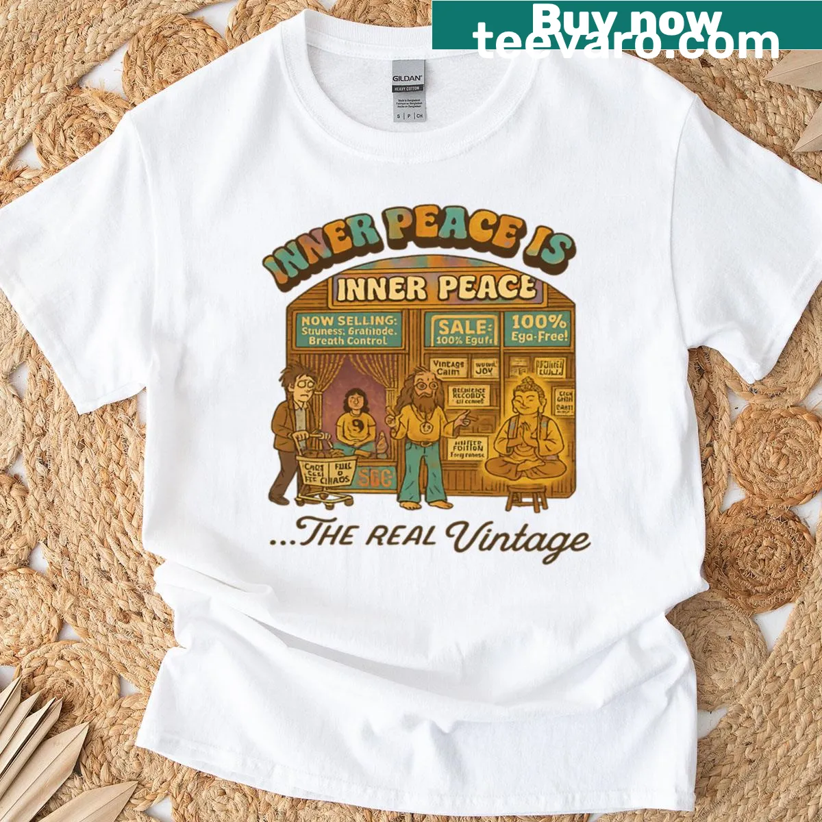 Vintage distressed T-shirt with inner peace message — on a men's t-shirt