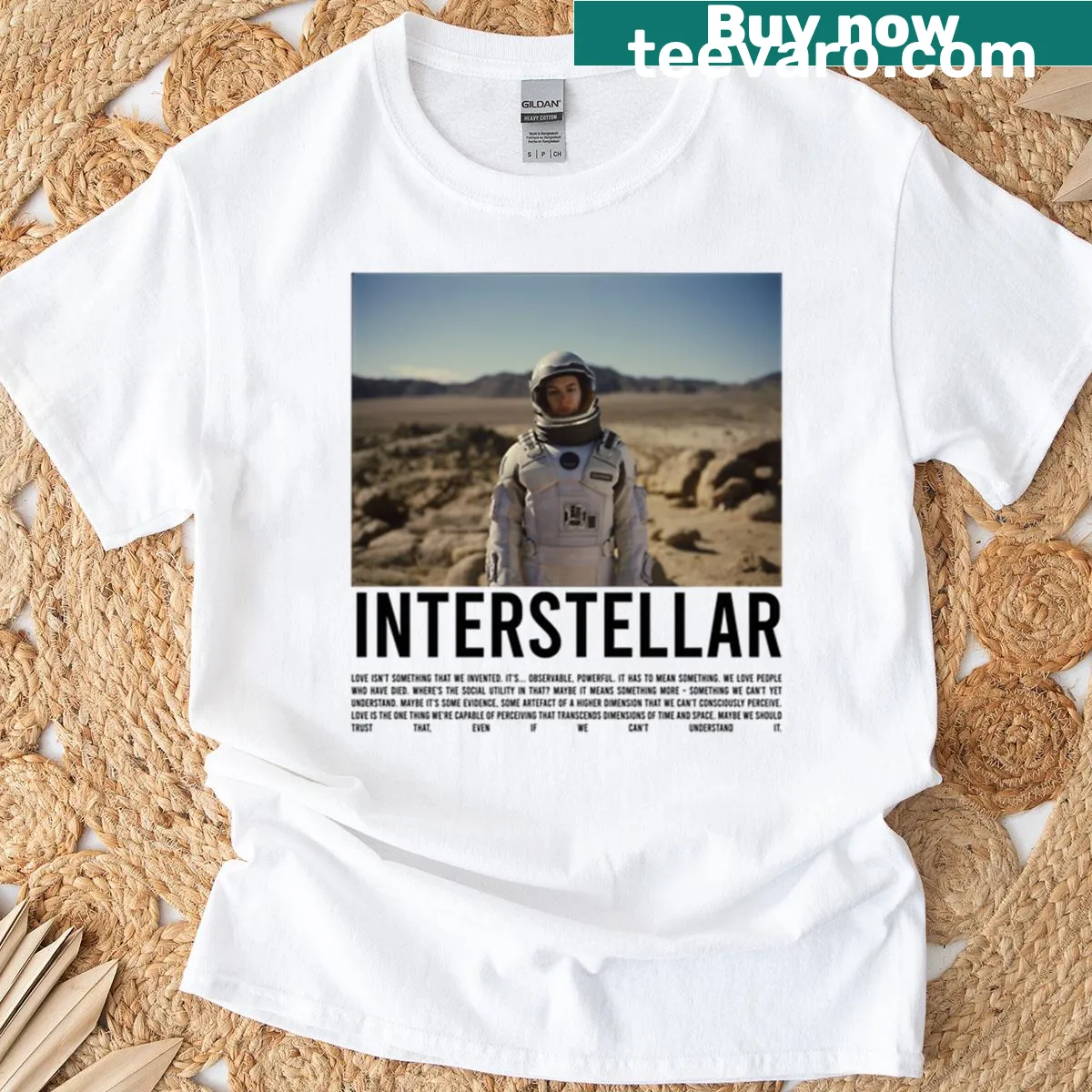 T-shirt featuring an interstellar-themed graphic design — on a men's t-shirt