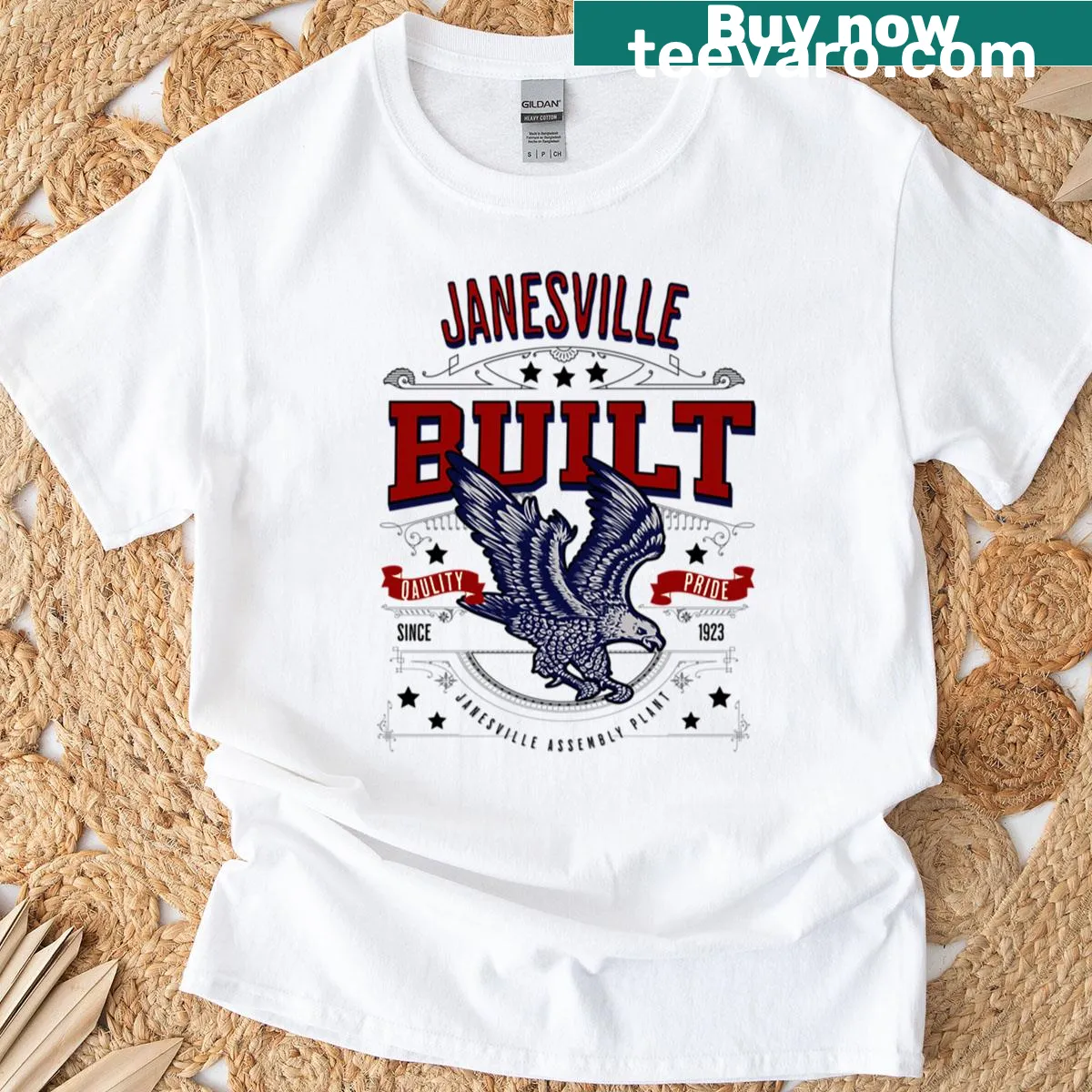 Typography shirt with the phrase 'Janesville Built' — on a men's t-shirt