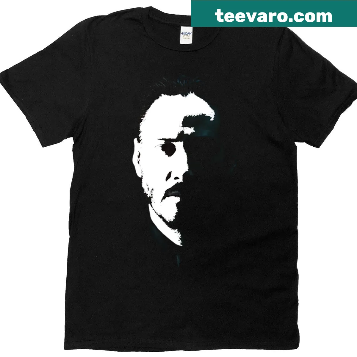 Illustration of John Wick's face on a black T-shirt — on a men's t-shirt