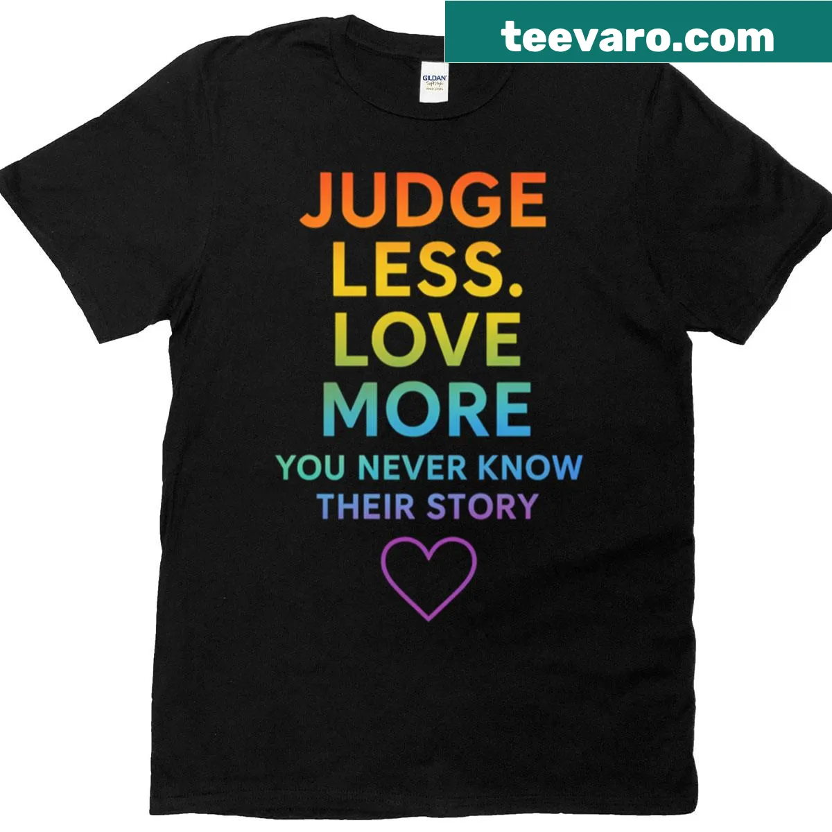 Inspirational tee with quote 'Judge Less Love More' in rainbow design. — on a men's t-shirt