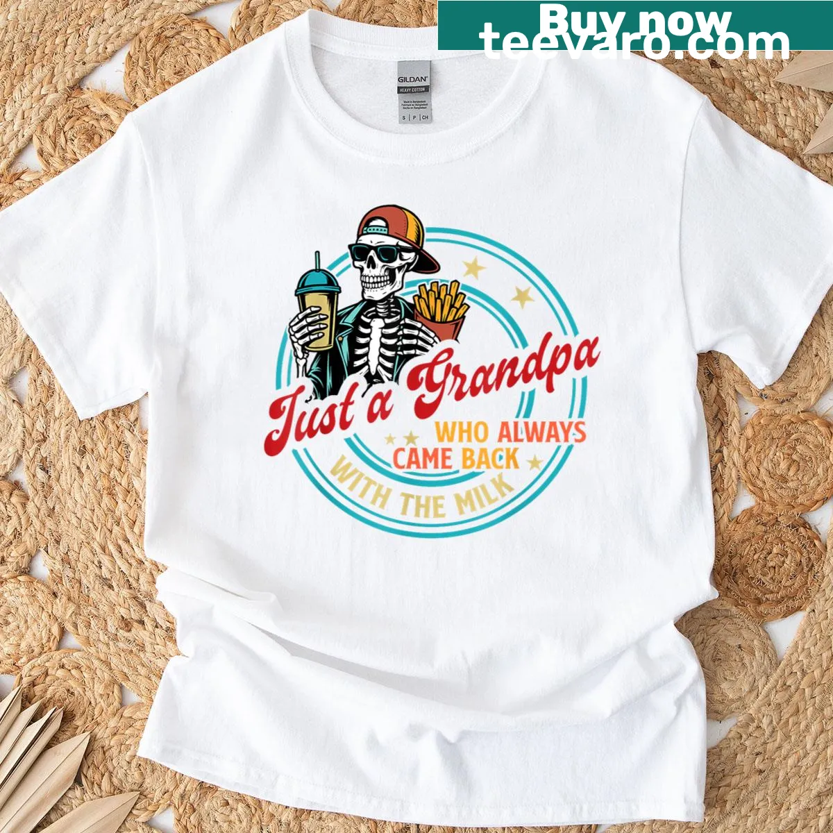 T-shirt featuring the phrase 'Just A Grandpa Who Always Came Back With The Milk' in typography — on a men's t-shirt