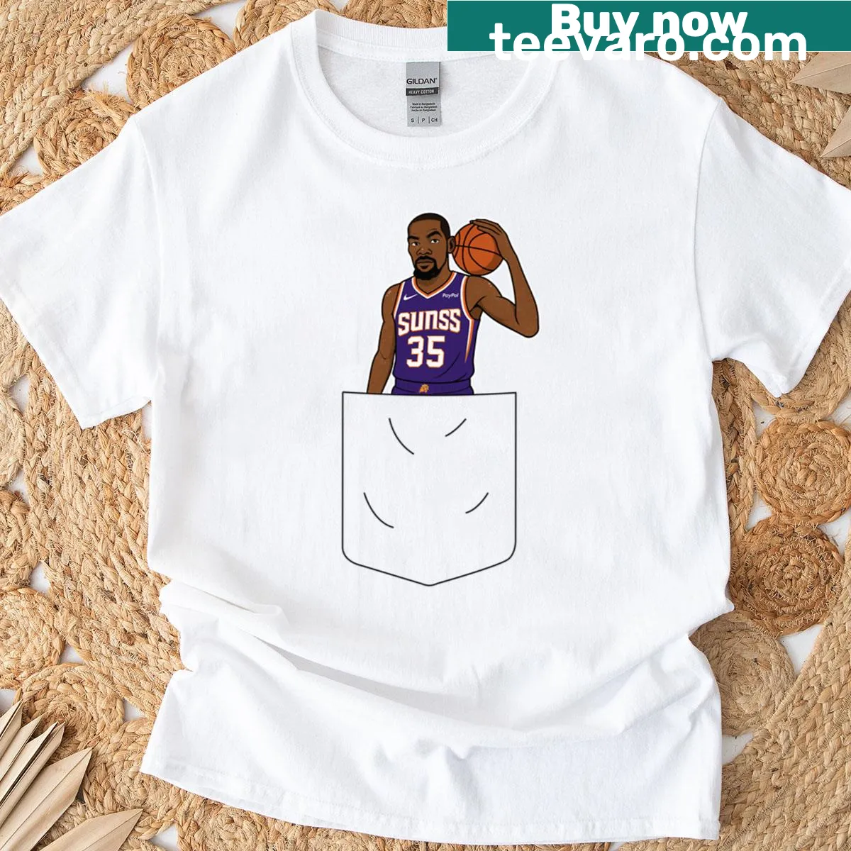 T-shirt featuring graphic of Kevin Durant's name on the pocket — on a men's t-shirt