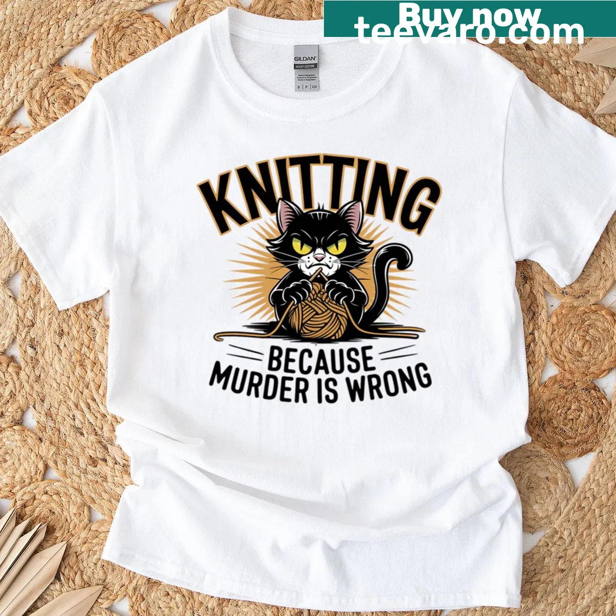Funny cat-themed t-shirt with knitting saying and playful illustration — on a men's t-shirt