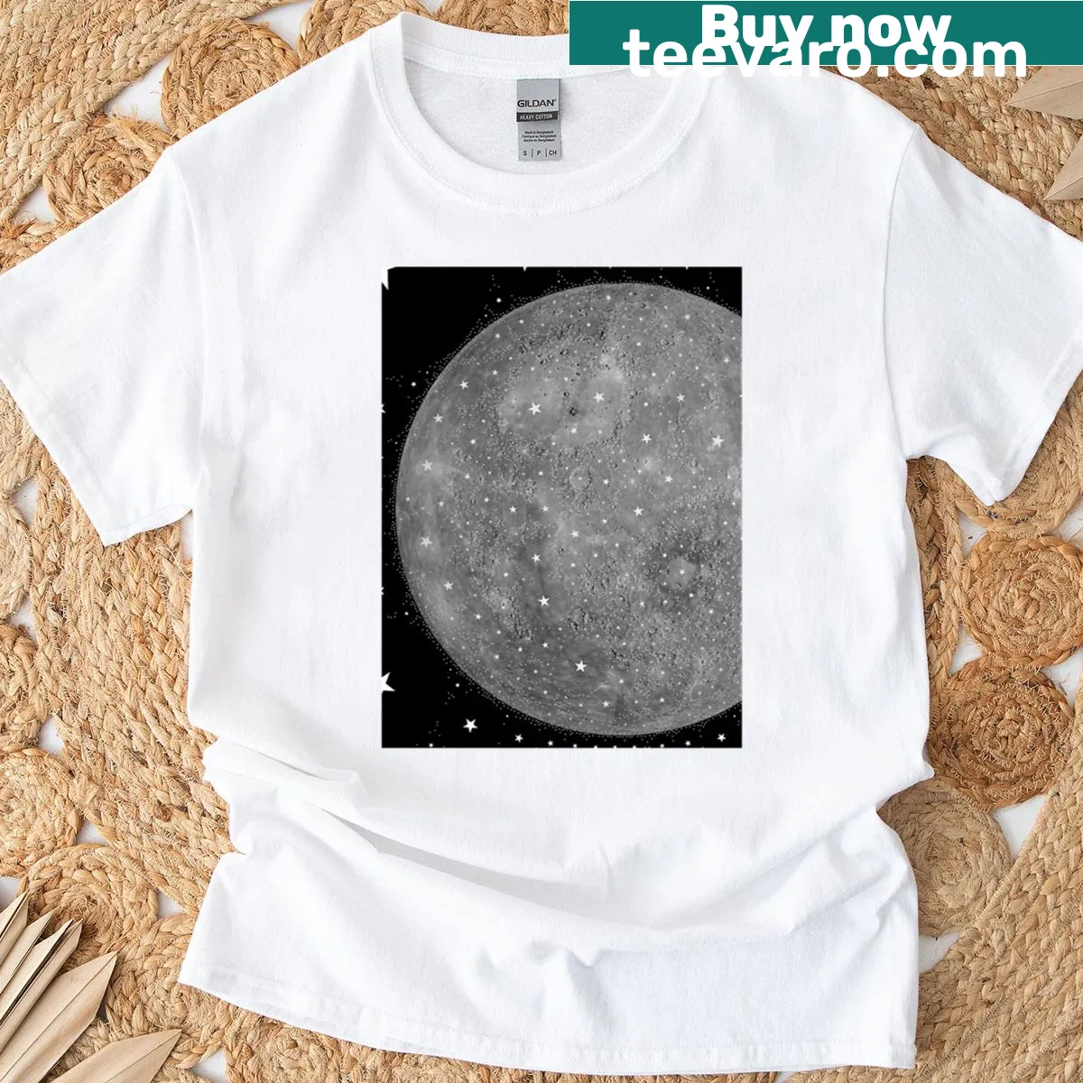 Minimalist typography t-shirt featuring the word 'Moon' in bold text. — on a men's t-shirt